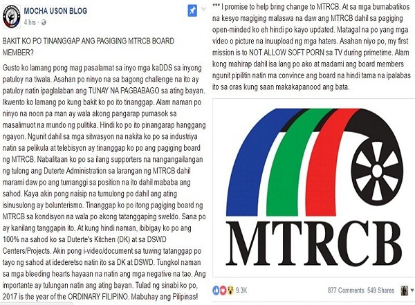 Mocha Uson, hindi tatanggapin ang sweldo bilang MTRCB Board Member